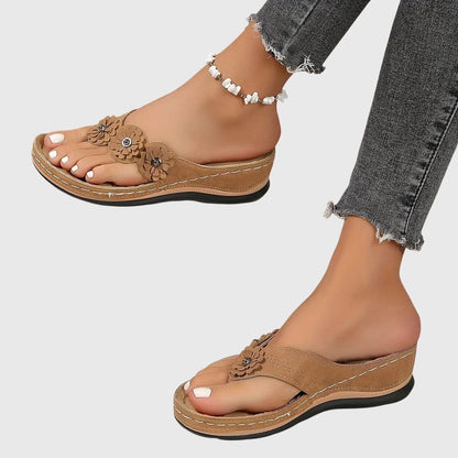 Chanclas Mujer Cuña Baja Flores Decorativas