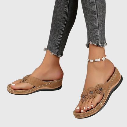 Chanclas Mujer Cuña Baja Flores Decorativas