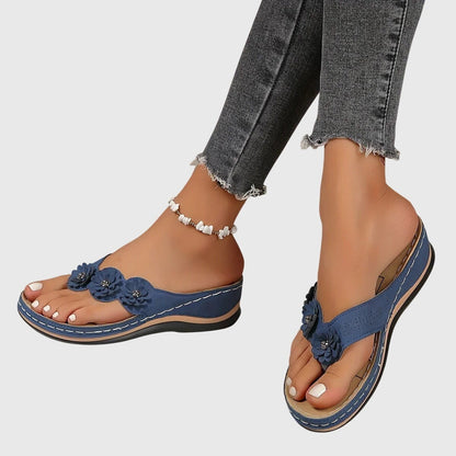 Chanclas Mujer Cuña Baja Flores Decorativas