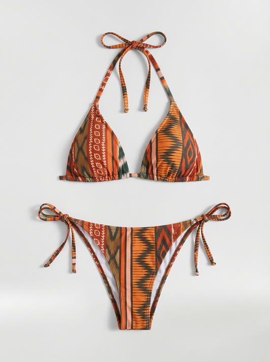Bikini Mujer Triángulo Estampado Étnico Cierre de Lazos - Mavetta