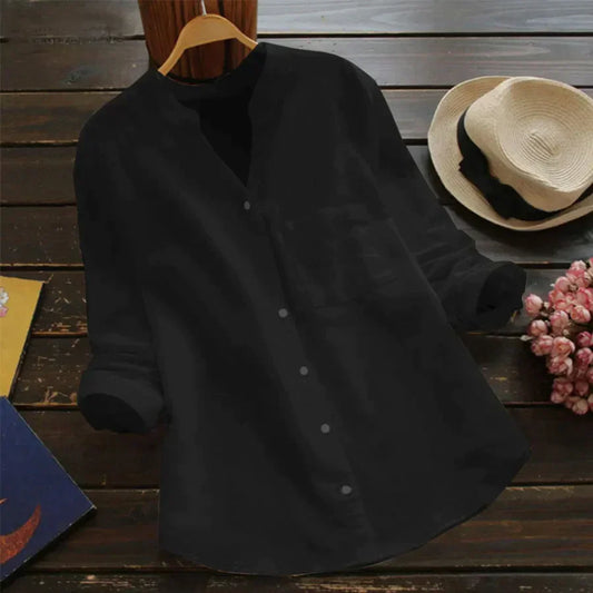 Camisa Mujer con Manga Larga Bolsillo y Cuello Sin Solapa - Mavetta