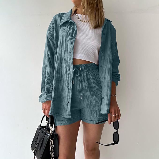 Conjunto verano mujer de algodón camisa y shorts ajustados