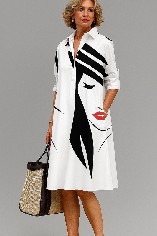 Vestido Camisero Mujer Largo con Cuello de Solapa y Estampado - Mavetta