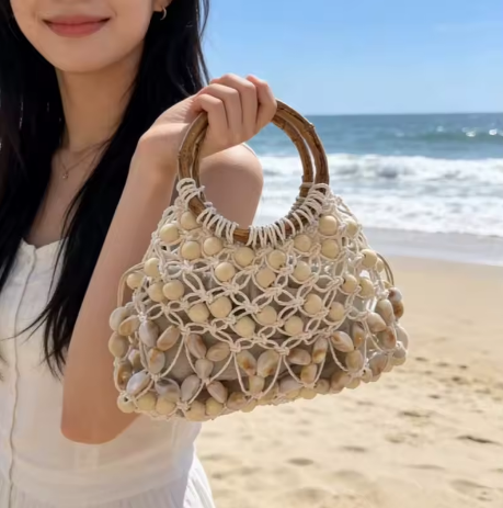 Bolso de Mano Tejido con Cuentas Mujer Asa de Bambú