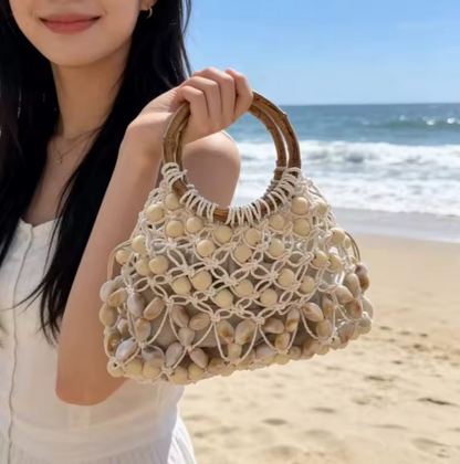 Bolso de Mano Tejido con Cuentas Mujer Asa de Bambú