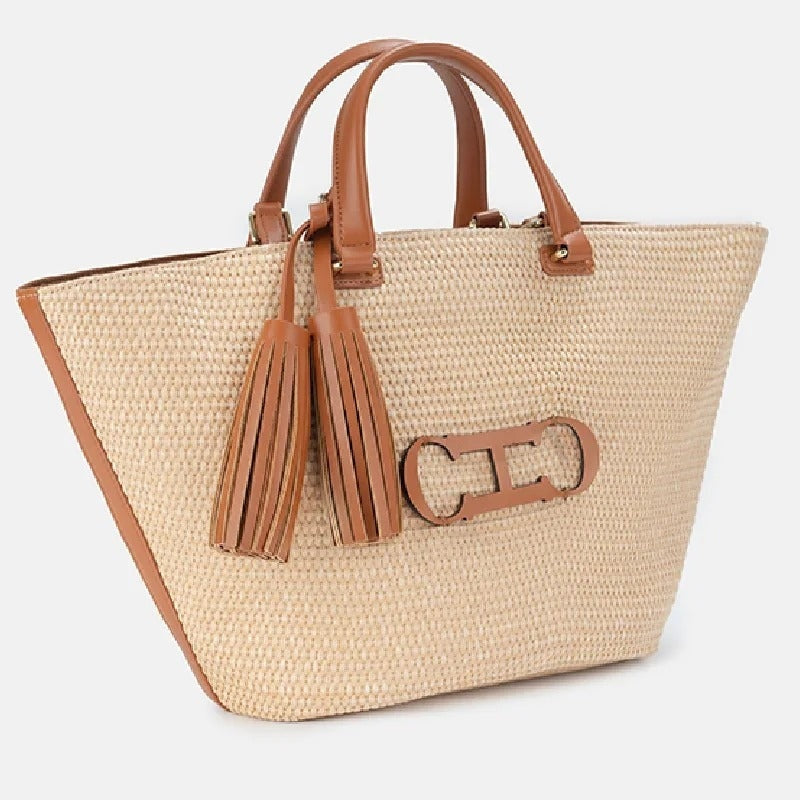 Bolso Shopper Trenzado de Hombro Mujer Borlas
