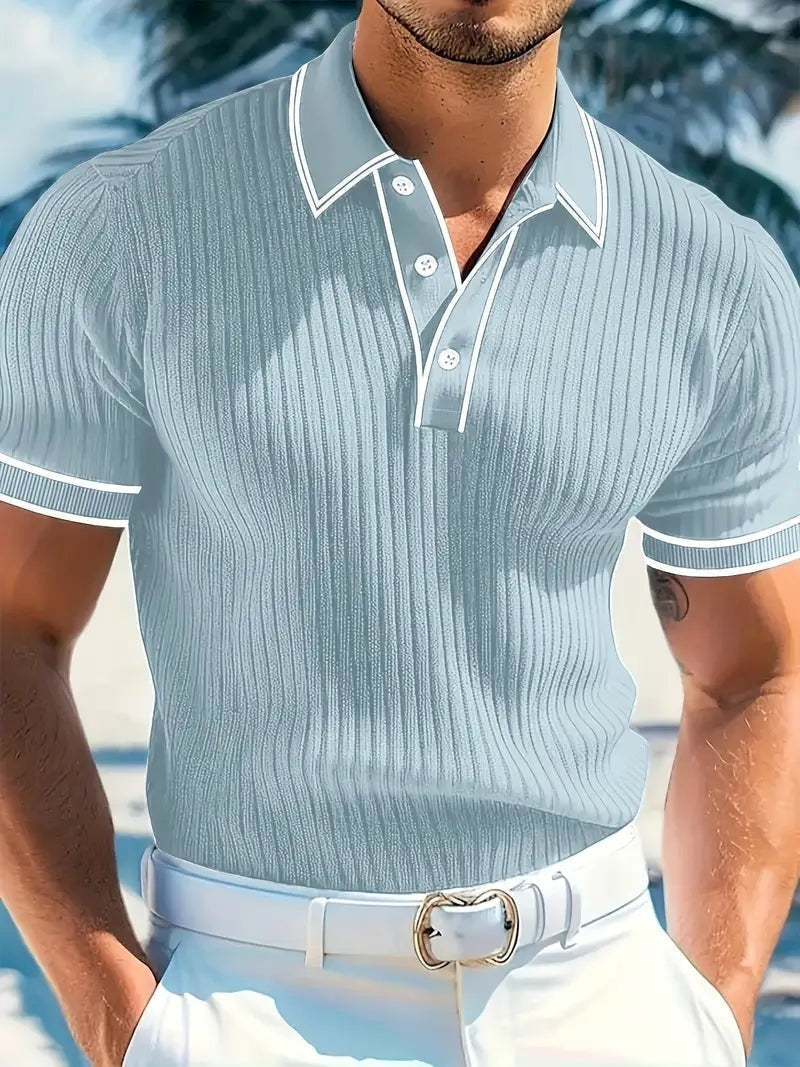 Polo Hombre de Punto Acanalado Manga Corta Cuello Contraste