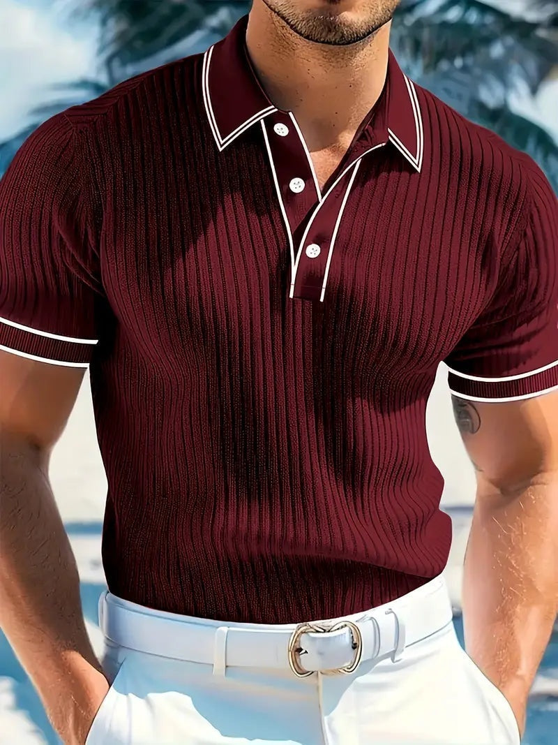 Polo Hombre de Punto Acanalado Manga Corta Cuello Contraste