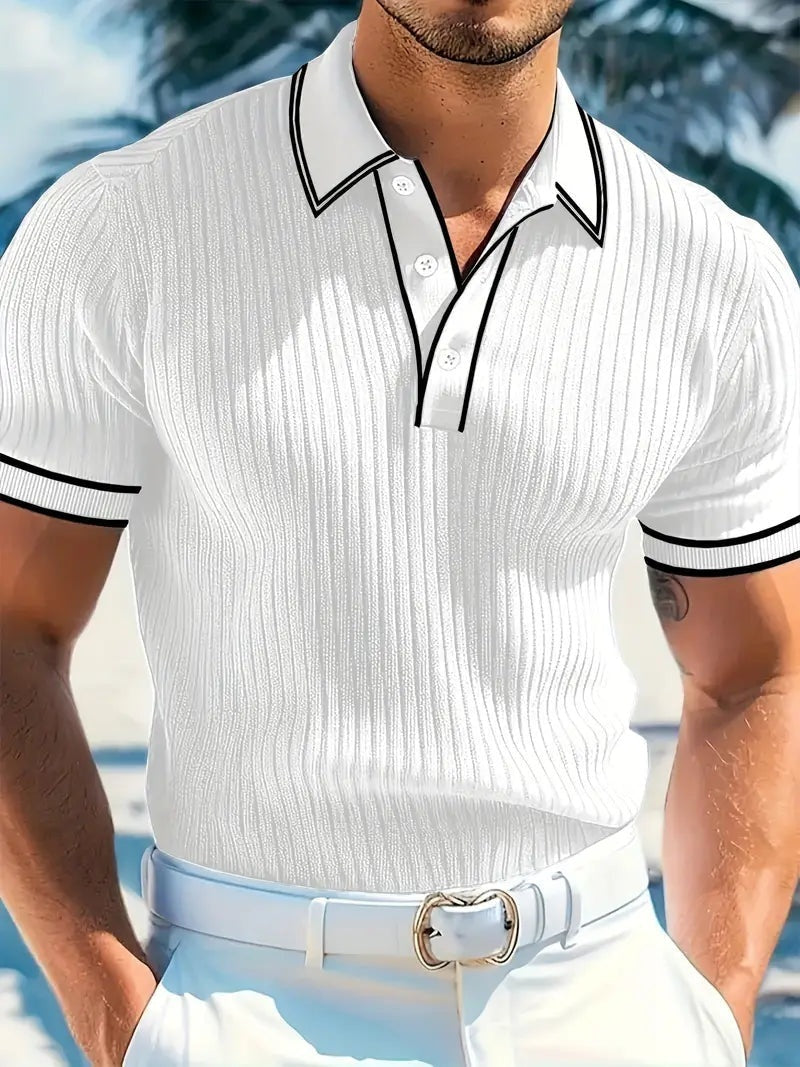 Polo Hombre de Punto Acanalado Manga Corta Cuello Contraste
