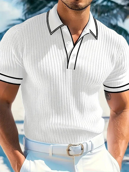 Polo Hombre de Punto Acanalado Manga Corta Cuello Contraste