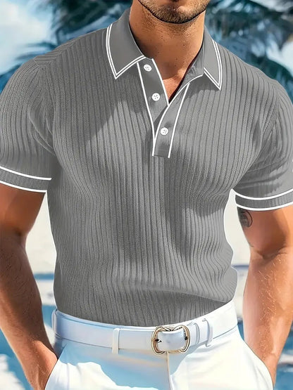 Polo Hombre de Punto Acanalado Manga Corta Cuello Contraste