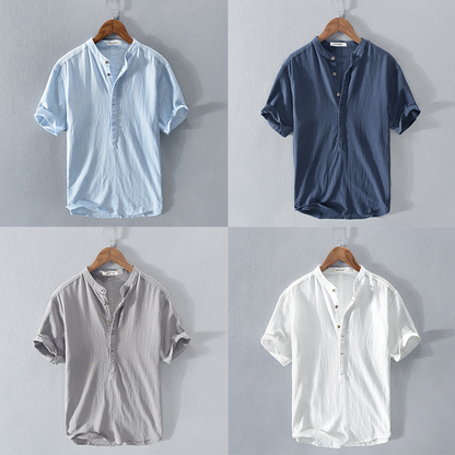 Camiseta Hombre de Lino y Algodón Manga Corta Cuello Henley