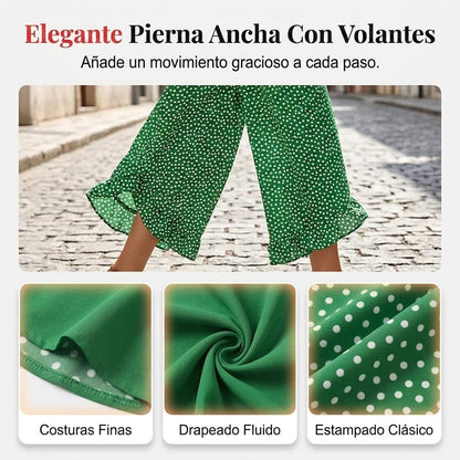 Pantalón Mujer Fluido Estampado Lunares Volante