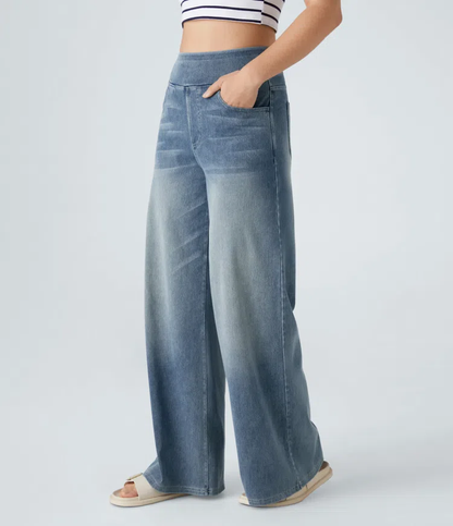 Pantalones mujer denim elástico talle alto pierna ancha moldeadores