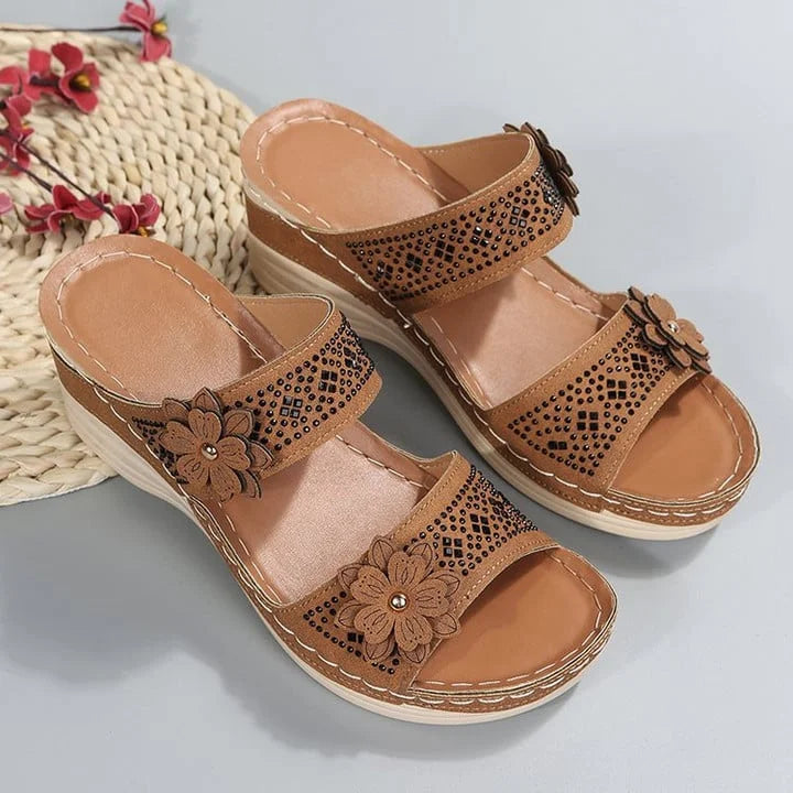Sandalias Mujer con Cuña y Tiras Florales Transpirables