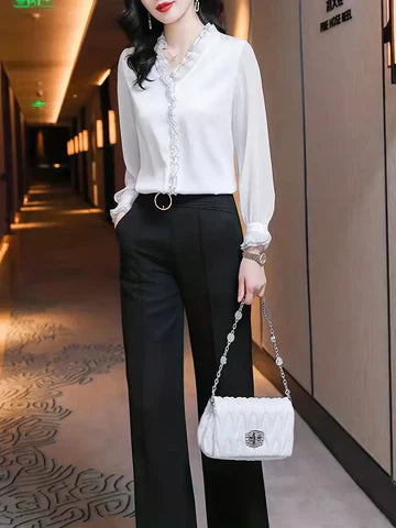 Blusa Mujer Manga Larga con Volantes y Corte Elegante