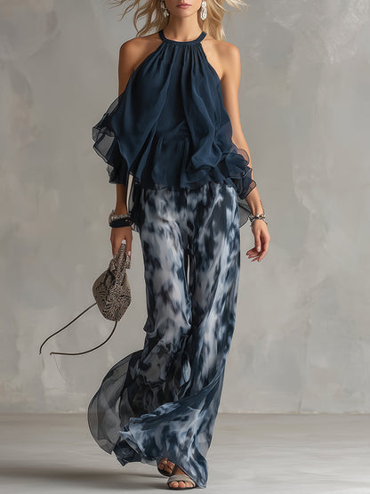 Conjunto Mujer de Chifón Halter Volantes Pantalón Ancho - Mavetta