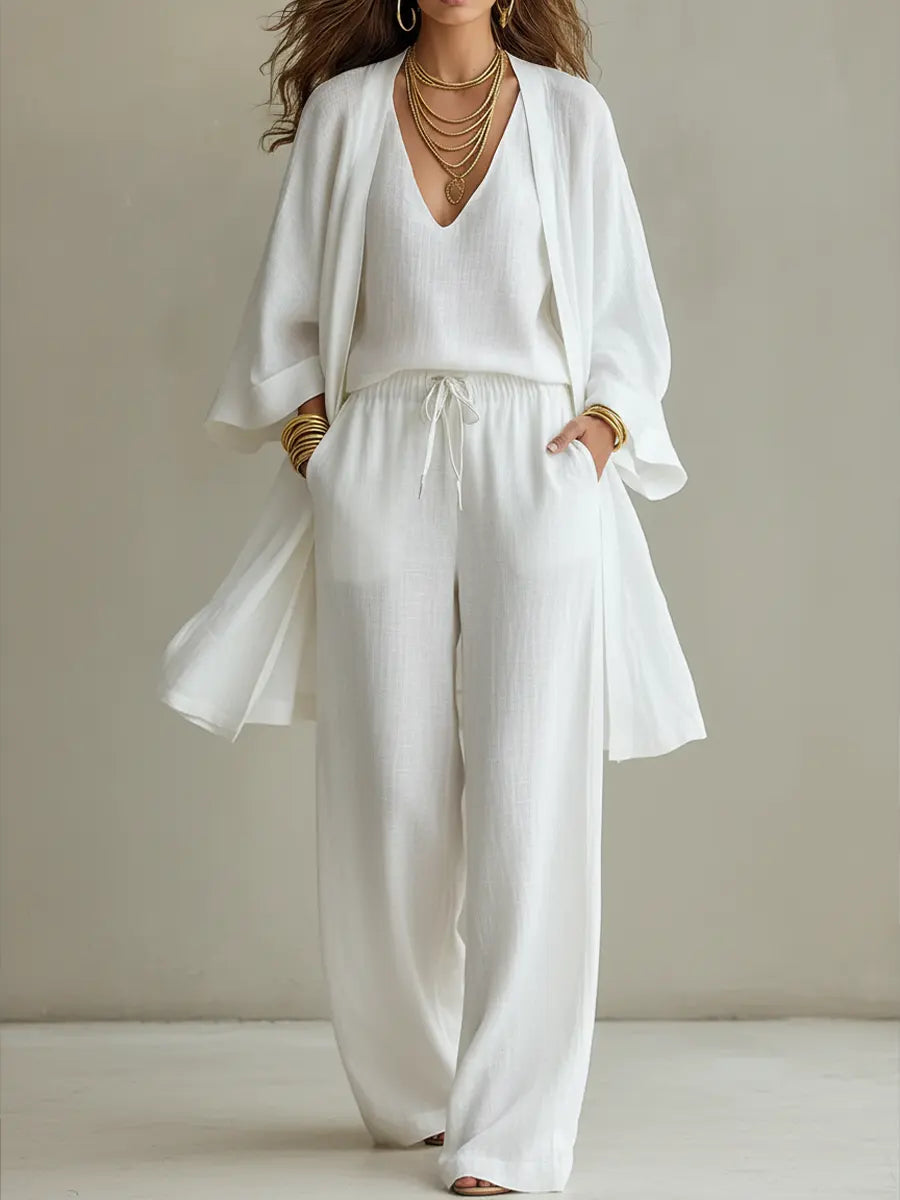Conjunto mujer de algodón y lino tres piezas estilo minimalista - Mavetta