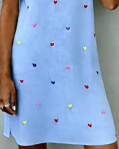 Vestido corto mujer algodón lino escote en V manga abullonada