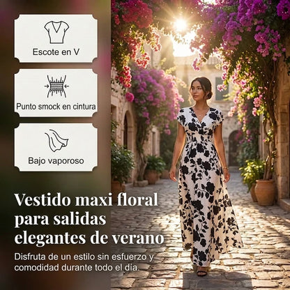 Vestido largo Mujer con escote en V y estampado floral