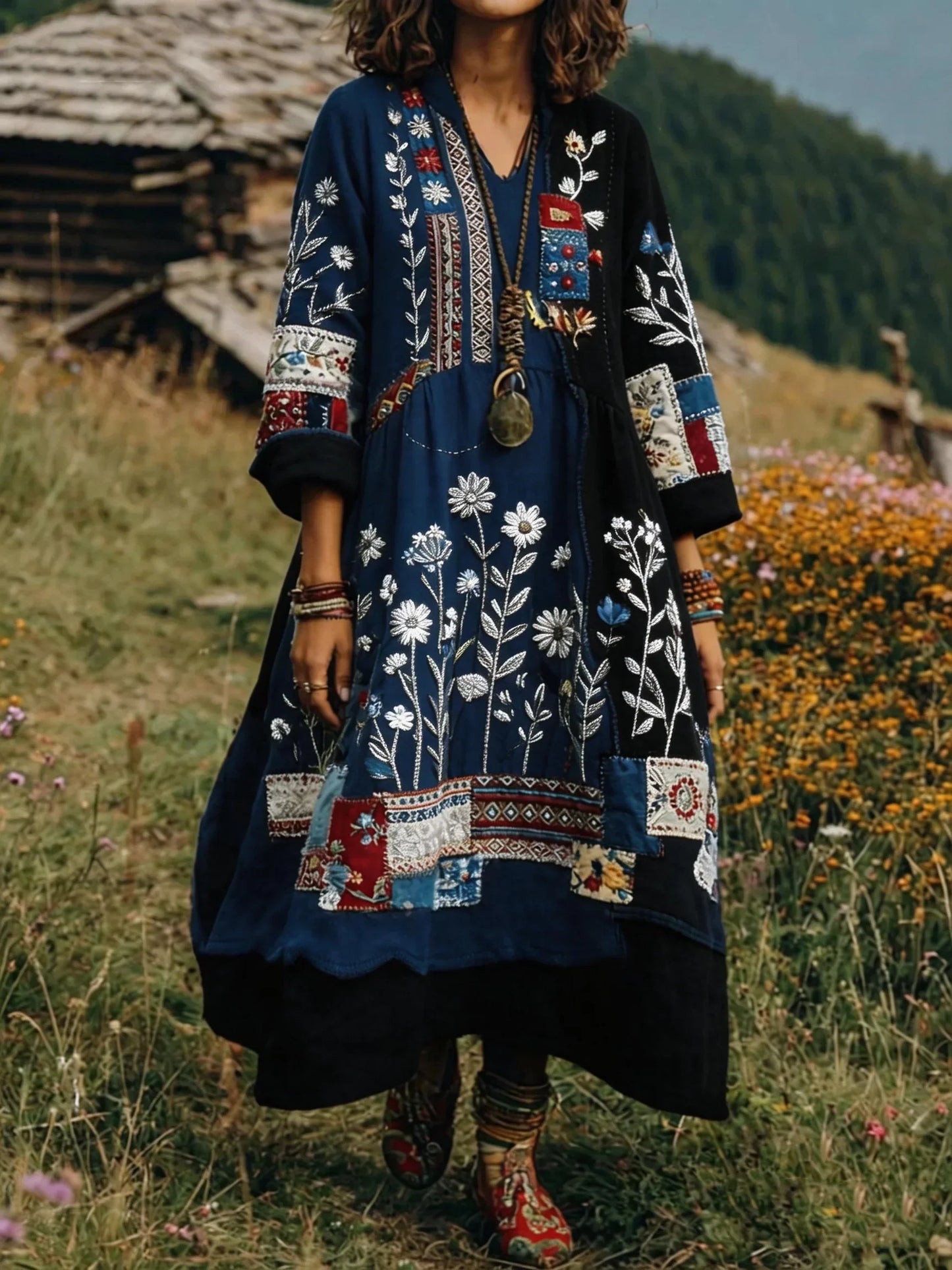 Vestido largo mujer patchwork bordado estilo bohemio fluido
