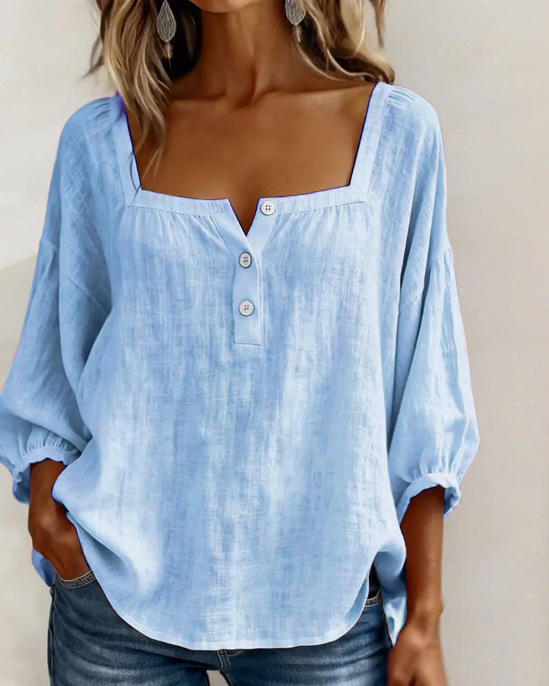 Blusa Mujer Escote Cuadrado Botones Ajuste Clasico