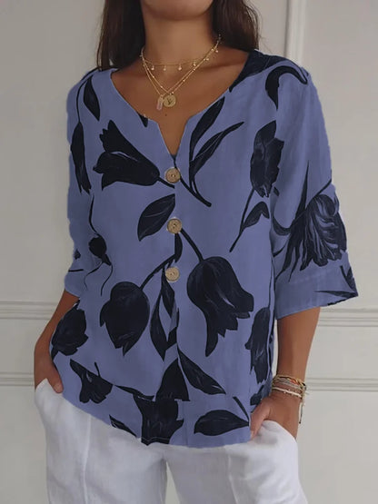 Blusa Mujer Estampado Floral Botones Manga Larga