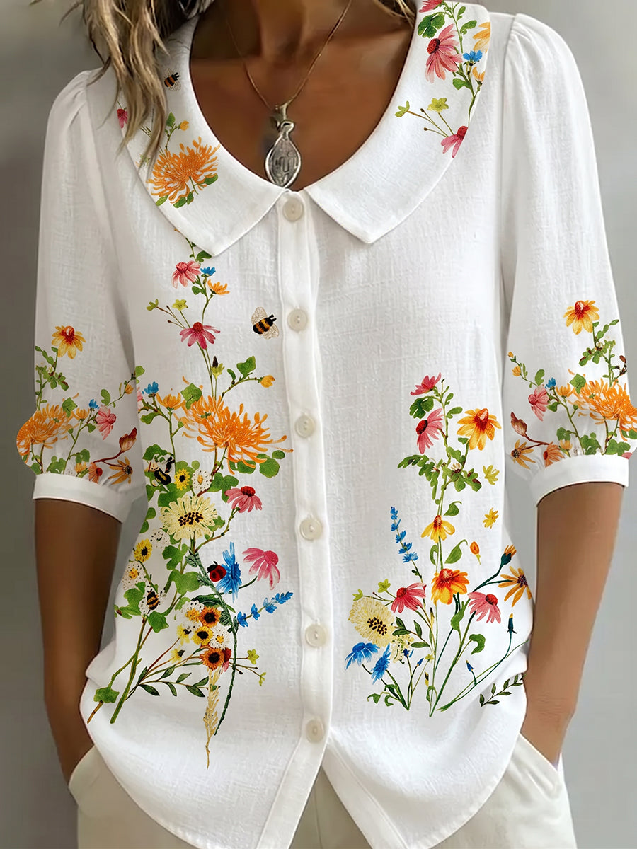 Blusa mujer lino algodón cuello peter pan estilo vintage