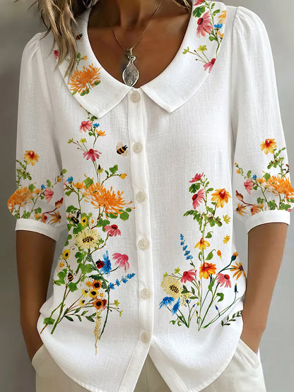Blusa mujer lino algodón cuello peter pan estilo vintage