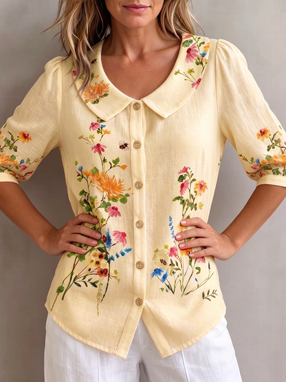 Blusa mujer lino algodón cuello peter pan estilo vintage