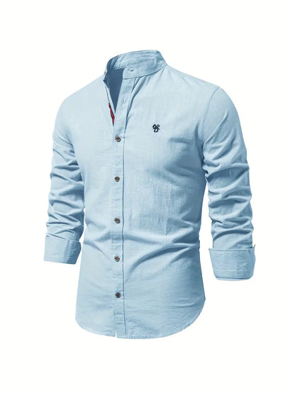 Camisa Hombre Slim Fit Algodón Cuello Mao Manga Larga