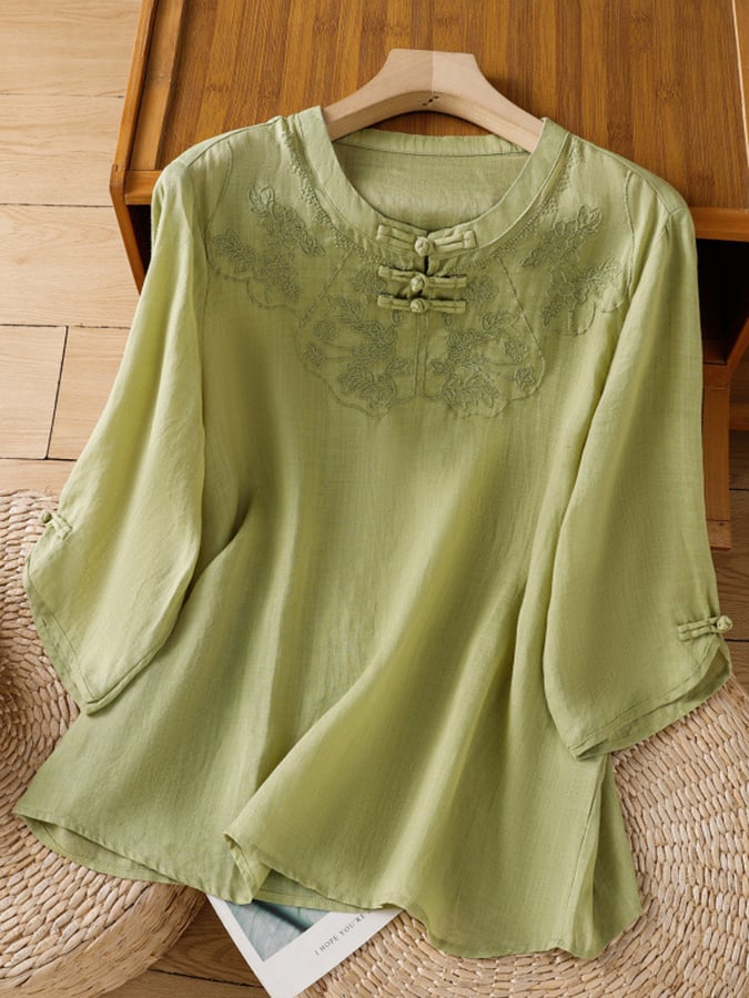 Blusa mujer de algodón y lino bordado estilo cómodo