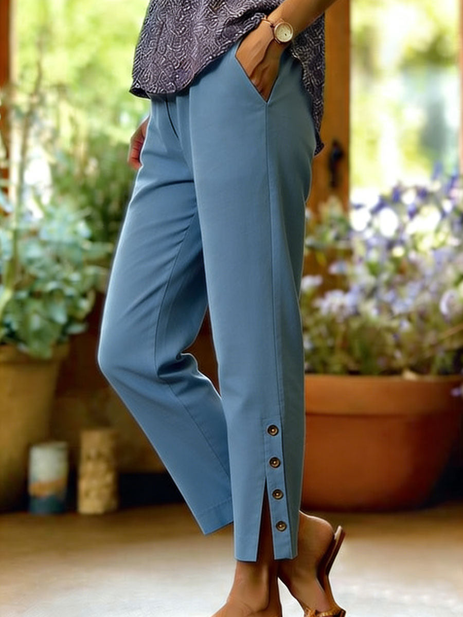 Pantalones Mujer Algodón Lino Corte Suelto Botones Laterales