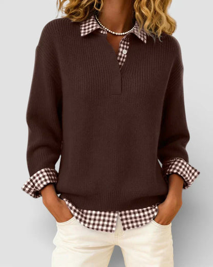 Jersey Mujer de Punto con Detalle de Camisa Cuadros