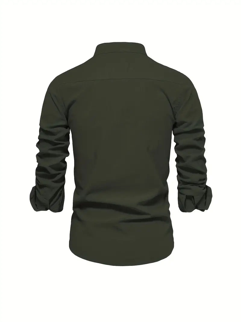 Camisa Hombre Slim Fit Algodón Cuello Mao Manga Larga