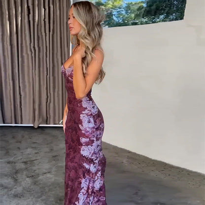 Vestido Largo Mujer Estampado Floral Cuello en V Estilo Y2K