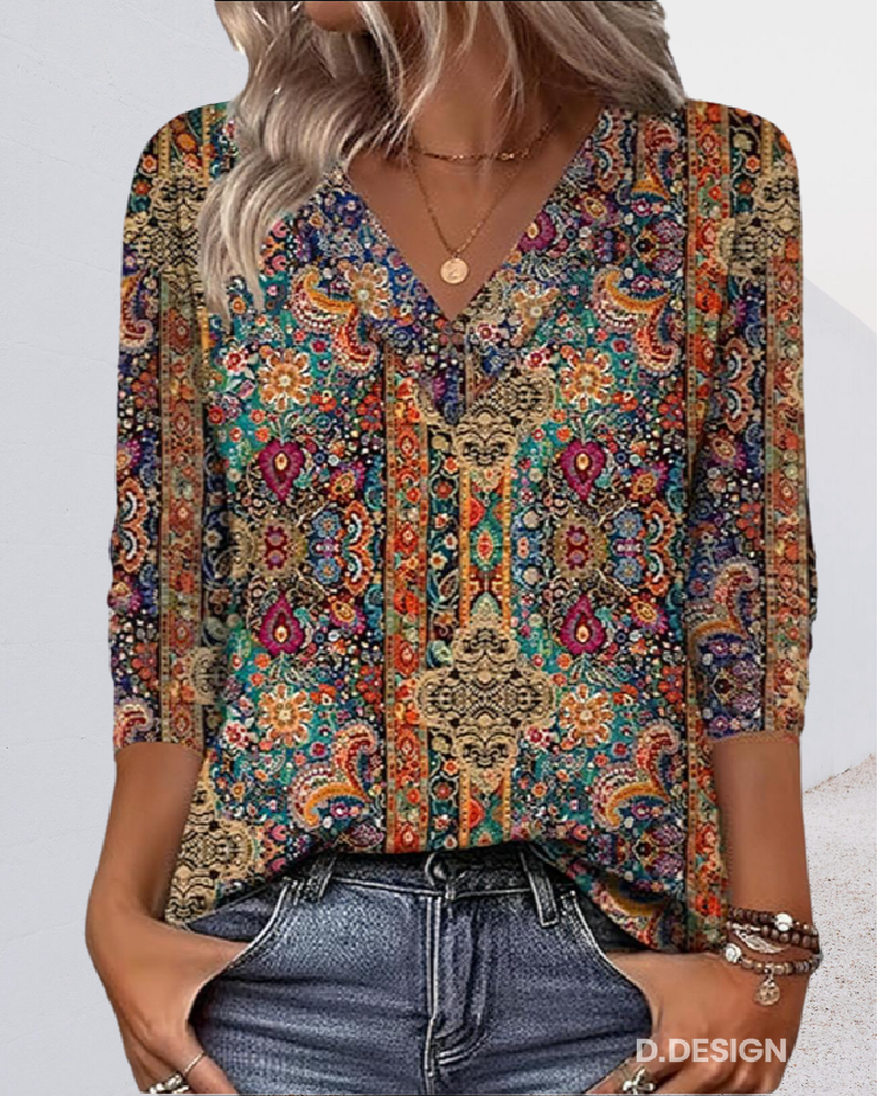 Blusa Mujer Estampado Retro Escote en V - Mavetta