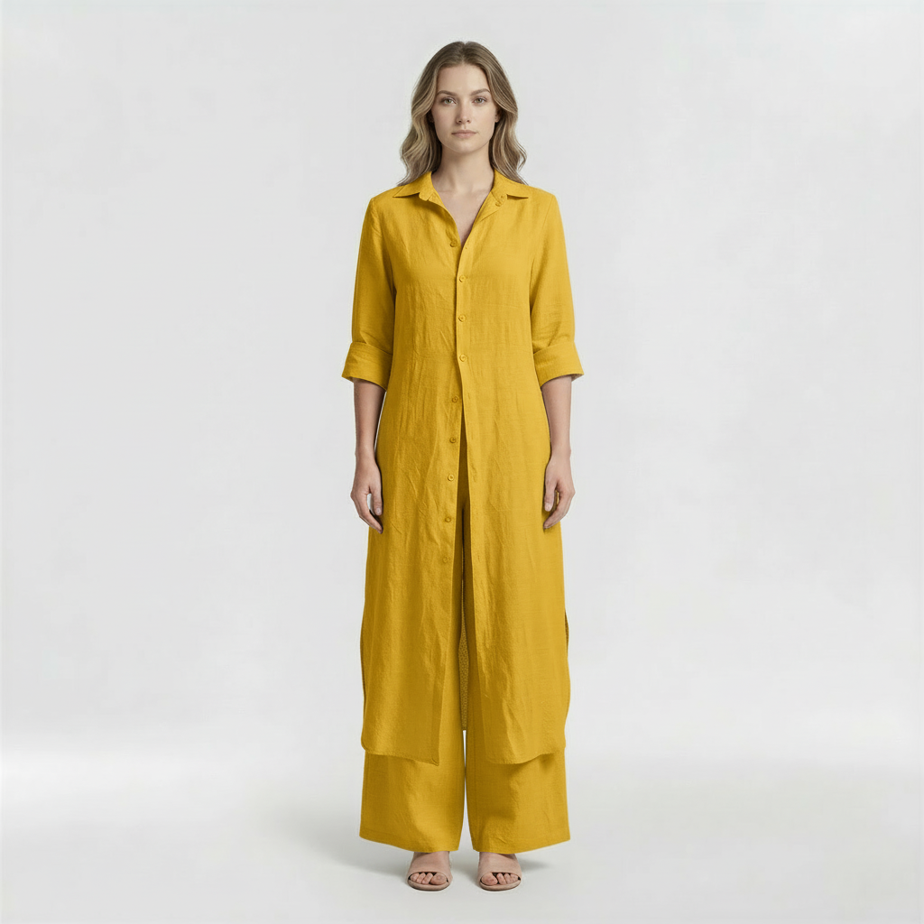 Conjunto Mujer Camisa Larga y Pantalón Pata Ancha Mezcla Lino