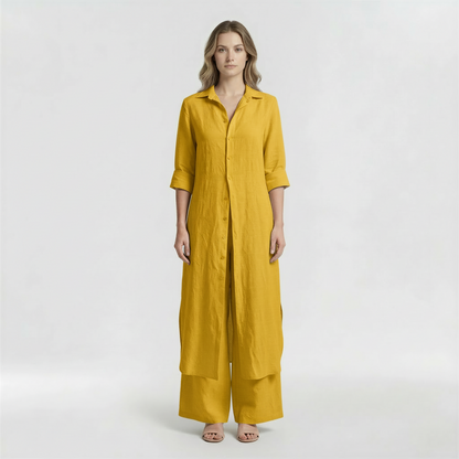 Conjunto Mujer Camisa Larga y Pantalón Pata Ancha Mezcla Lino