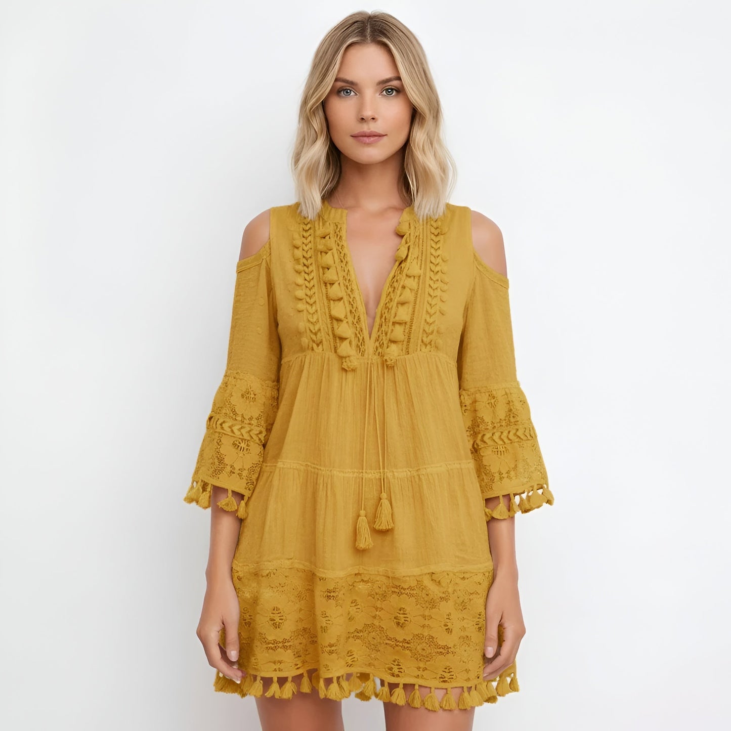 Vestido Corto Mujer Algodón Bordado Estilo Boho