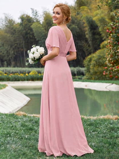 Vestido largo Mujer de gasa con cintura imperio y mangas cortas