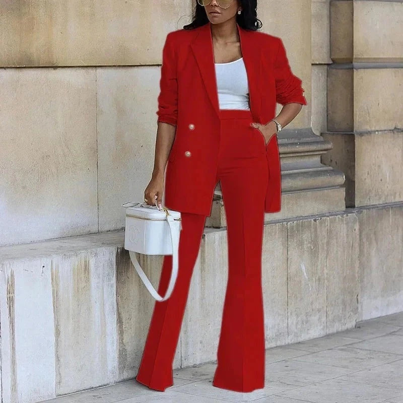 Conjunto Mujer Blazer Largo Botones Pantalones Acampanados