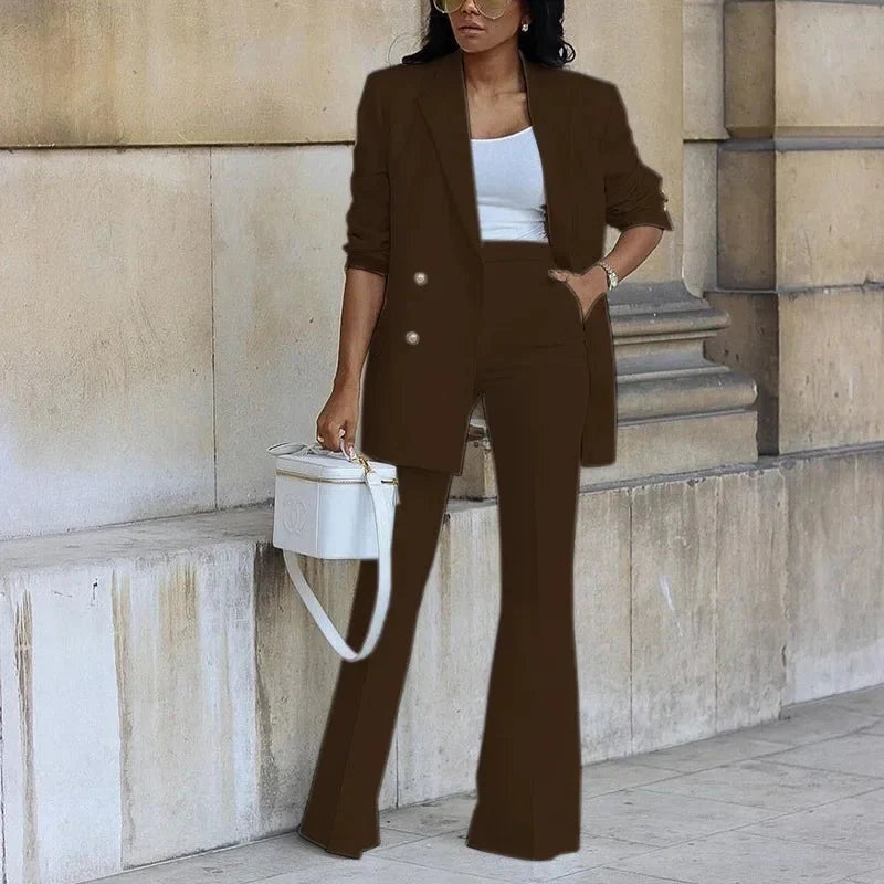 Conjunto Mujer Blazer Largo Botones Pantalones Acampanados