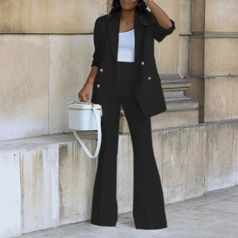 Conjunto Mujer Blazer Largo Botones Pantalones Acampanados