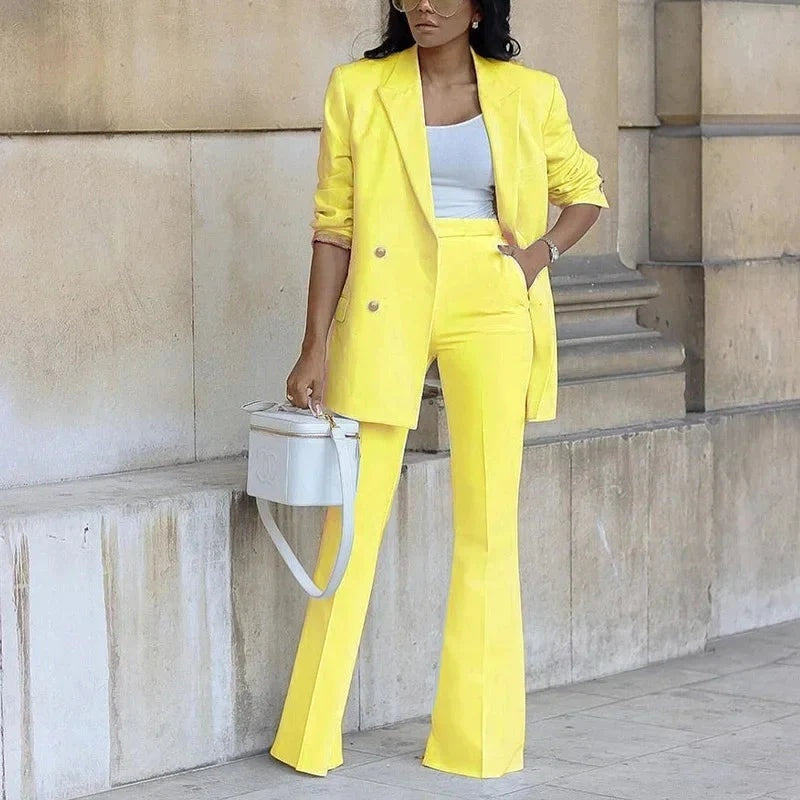 Conjunto Mujer Blazer Largo Botones Pantalones Acampanados