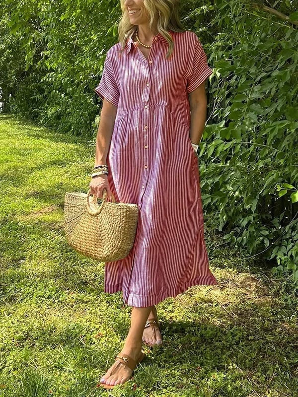 Vestido Midi Mujer Camisero Algodón Manga Corta