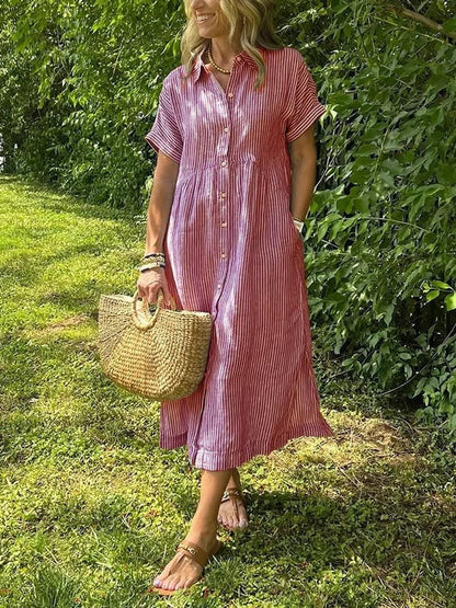 Vestido Midi Mujer Camisero Algodón Manga Corta