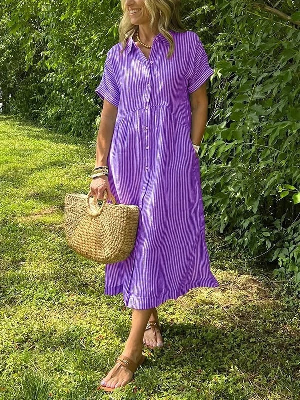 Vestido Midi Mujer Camisero Algodón Manga Corta