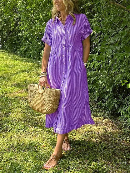 Vestido Midi Mujer Camisero Algodón Manga Corta