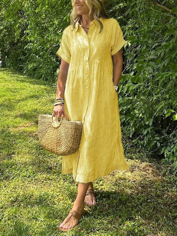 Vestido Midi Mujer Camisero Algodón Manga Corta